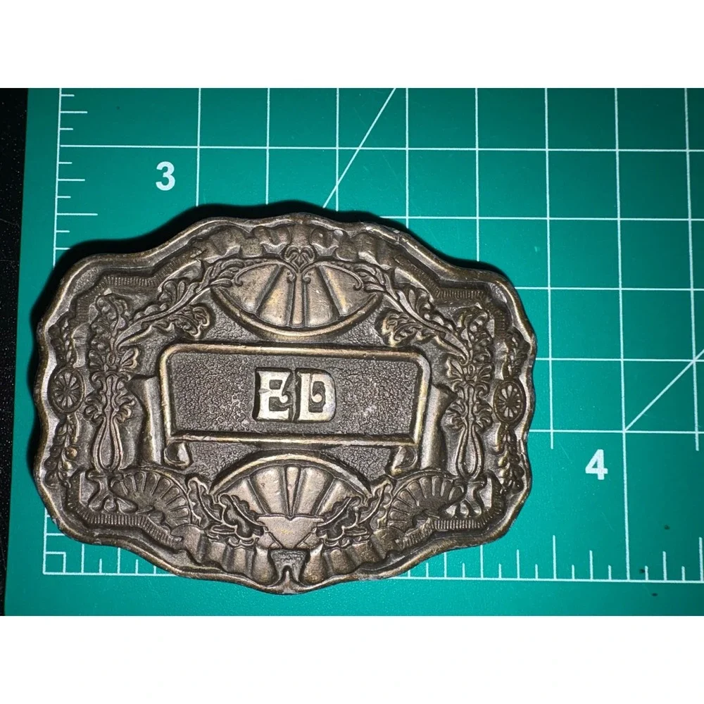 Vintage Nocona "ED" Nameplate Belt Buckle Western Style Floral Brass Finish - Picture 5 of 5